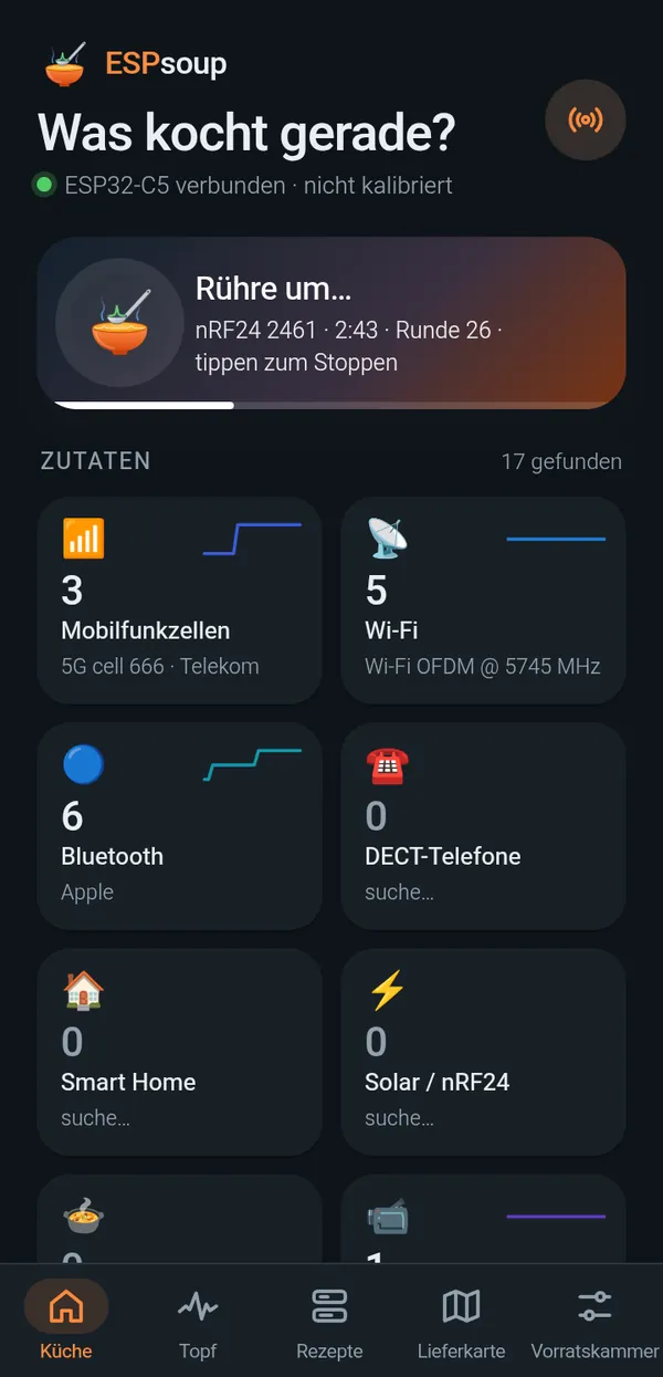 After stirring: 2 min 43 s of “Stir the pot”: 5G cell, Wi-Fi and Bluetooth found.