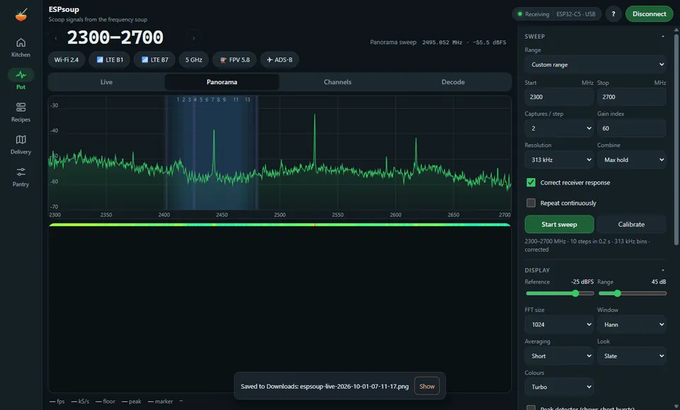 Panorama sweep: 2300–2700 MHz in one sweep, corrected receiver response.
