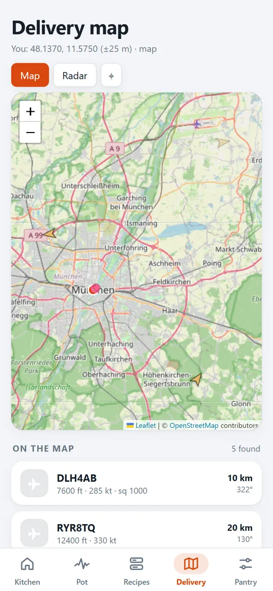 Delivery map: Aircraft, drones and satellites on a map.